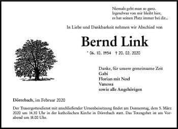 Traueranzeige von Bernd Link von vrm-trauer