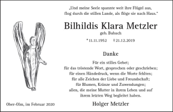Traueranzeige von Bilhildis Klara Metzler von vrm-trauer