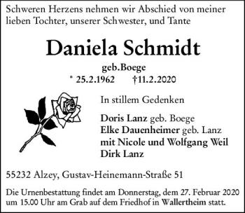 Traueranzeige von Daniela Schmidt von vrm-trauer