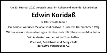 Traueranzeige von Edwin Koridaß von vrm-trauer