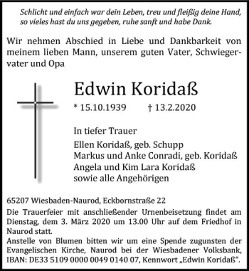 Traueranzeige von Edwin Koridaß von vrm-trauer
