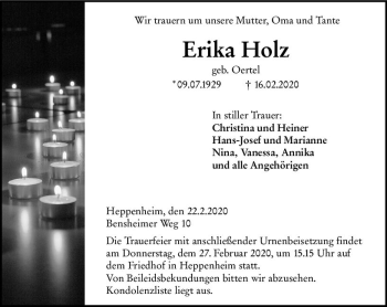 Traueranzeige von Erika Holz von vrm-trauer