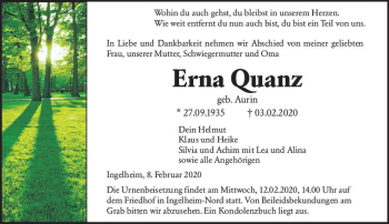 Traueranzeige von Erna Quanz von vrm-trauer