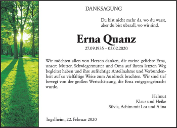 Traueranzeige von Erna Quanz von vrm-trauer