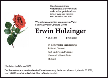 Traueranzeige von Erwin Holzfinger von vrm-trauer