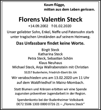 Traueranzeige von Florens Valentin Steck von vrm-trauer