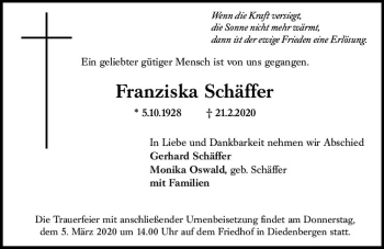 Traueranzeige von Franziska Schäffer von vrm-trauer