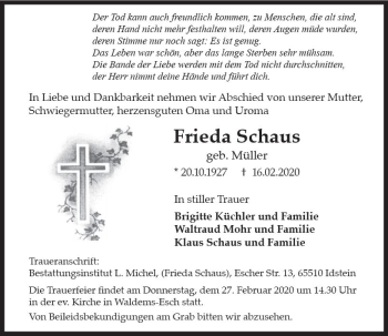Traueranzeige von Frieda Schaus von vrm-trauer