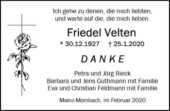 Traueranzeige von Friedel Velten von vrm-trauer