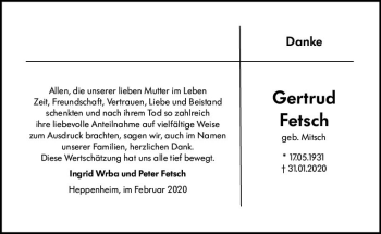 Traueranzeige von Gertrud Fetsch von vrm-trauer