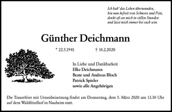 Traueranzeige von Günther Deichmann von vrm-trauer