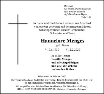 Traueranzeige von Hannelore Menges von vrm-trauer