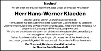 Traueranzeige von Hans-Werner Klaeden von vrm-trauer