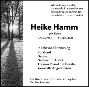 Traueranzeige von Heike Hamm von vrm-trauer