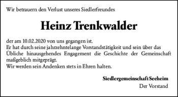 Traueranzeige von Heinz Trenkwalder von vrm-trauer