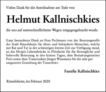 Traueranzeige von Helmut Kallnischkies von vrm-trauer