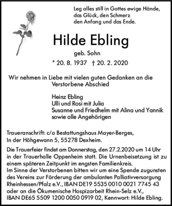 Traueranzeige von Hilde Ebling von vrm-trauer