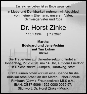 Traueranzeige von Horst Zinke von vrm-trauer