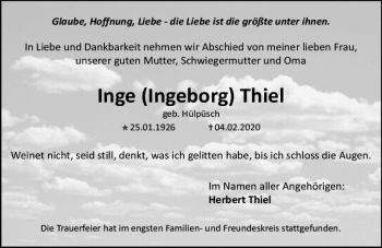 Traueranzeige von Inge Thiel von vrm-trauer