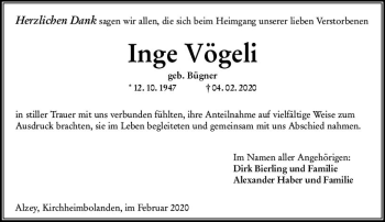 Traueranzeige von Inge Vögeli von vrm-trauer