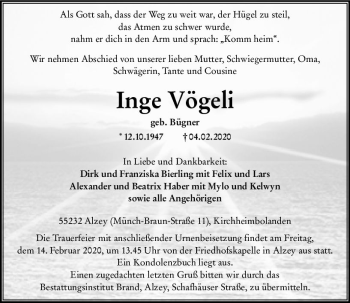 Traueranzeige von Inge Vögeli von vrm-trauer