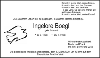 Traueranzeige von Ingelore Boegl von vrm-trauer