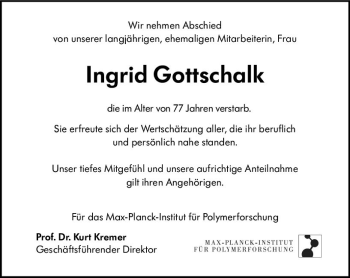Traueranzeige von Ingrid Gottschalk von vrm-trauer