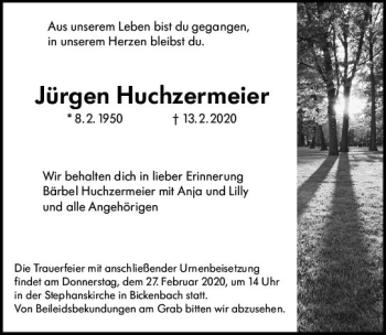 Traueranzeige von Jürgen Huchzermeier von vrm-trauer