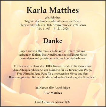 Traueranzeige von Karla Matthes von vrm-trauer