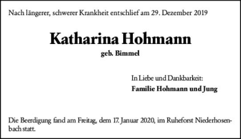 Traueranzeige von Katharina Hohmann von vrm-trauer