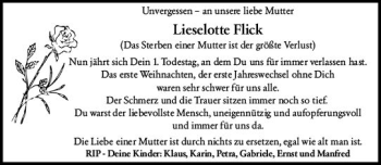Traueranzeige von Lieselotte Flick von vrm-trauer