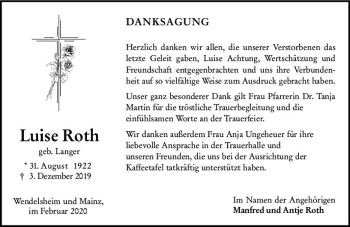 Traueranzeige von Luise Roth von vrm-trauer