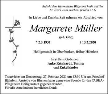 Traueranzeige von Margarete Müller von vrm-trauer