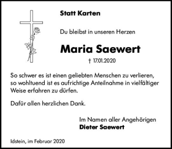 Traueranzeige von Maria Saewert von vrm-trauer