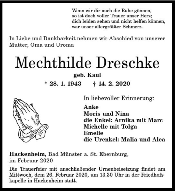 Traueranzeige von Mechthilde Dreschke von vrm-trauer