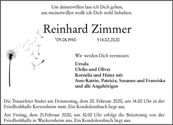 Traueranzeige von Reinhard Zimmer von vrm-trauer