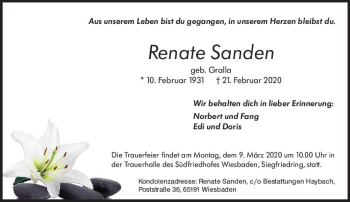 Traueranzeige von Renate Sanden von vrm-trauer