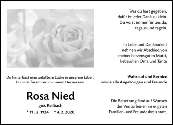 Traueranzeige von Rosa Nied von vrm-trauer