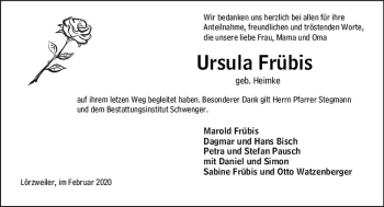 Traueranzeige von Ursula Frübis von vrm-trauer