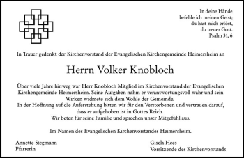 Traueranzeige von Volker Knobloch von vrm-trauer