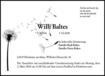 Traueranzeige von Willi Baltes von vrm-trauer