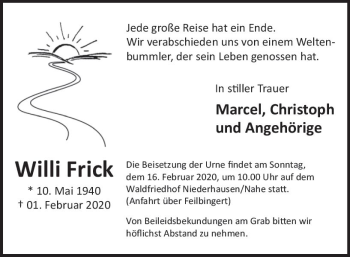 Traueranzeige von Willi Frick von vrm-trauer