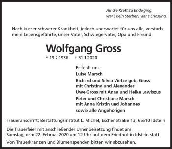 Traueranzeige von Wolfgang Gross von vrm-trauer