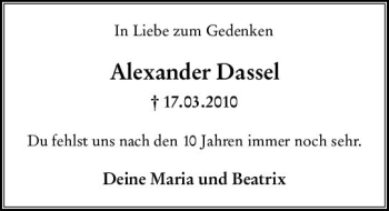 Traueranzeige von Alexander Dassel von vrm-trauer