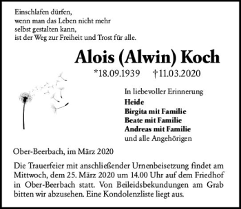 Traueranzeige von Alois Koch von vrm-trauer