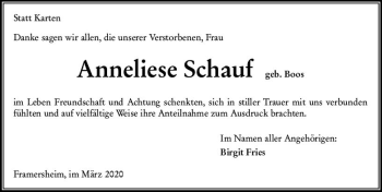 Traueranzeige von Anneliese Schauf von vrm-trauer