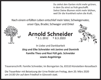 Traueranzeige von Arnold Schneider von vrm-trauer