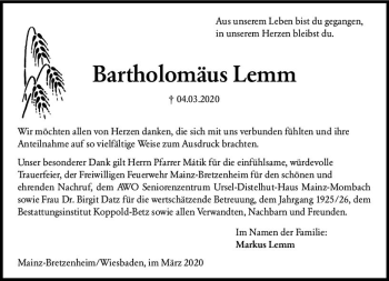 Traueranzeige von Bartholomäus Lemm von vrm-trauer