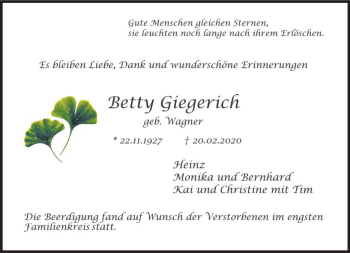 Traueranzeige von Betty Giegerich von vrm-trauer
