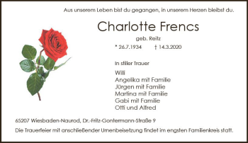 Traueranzeige von Charlotte Frencs von vrm-trauer